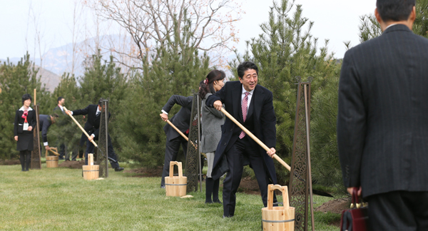 为出席亚太经合组织（APEC）领导人会议，正在访问北京的安倍总理受到了中国国家主席习近平的迎接后，出席了领导人会议（议题是“推动区域经济一体化”)，并参加了领导人合影。