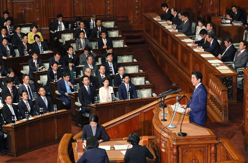 安倍总理在众议院全体会议及参议院全体会议上发表了第195届国会所信表明演说。